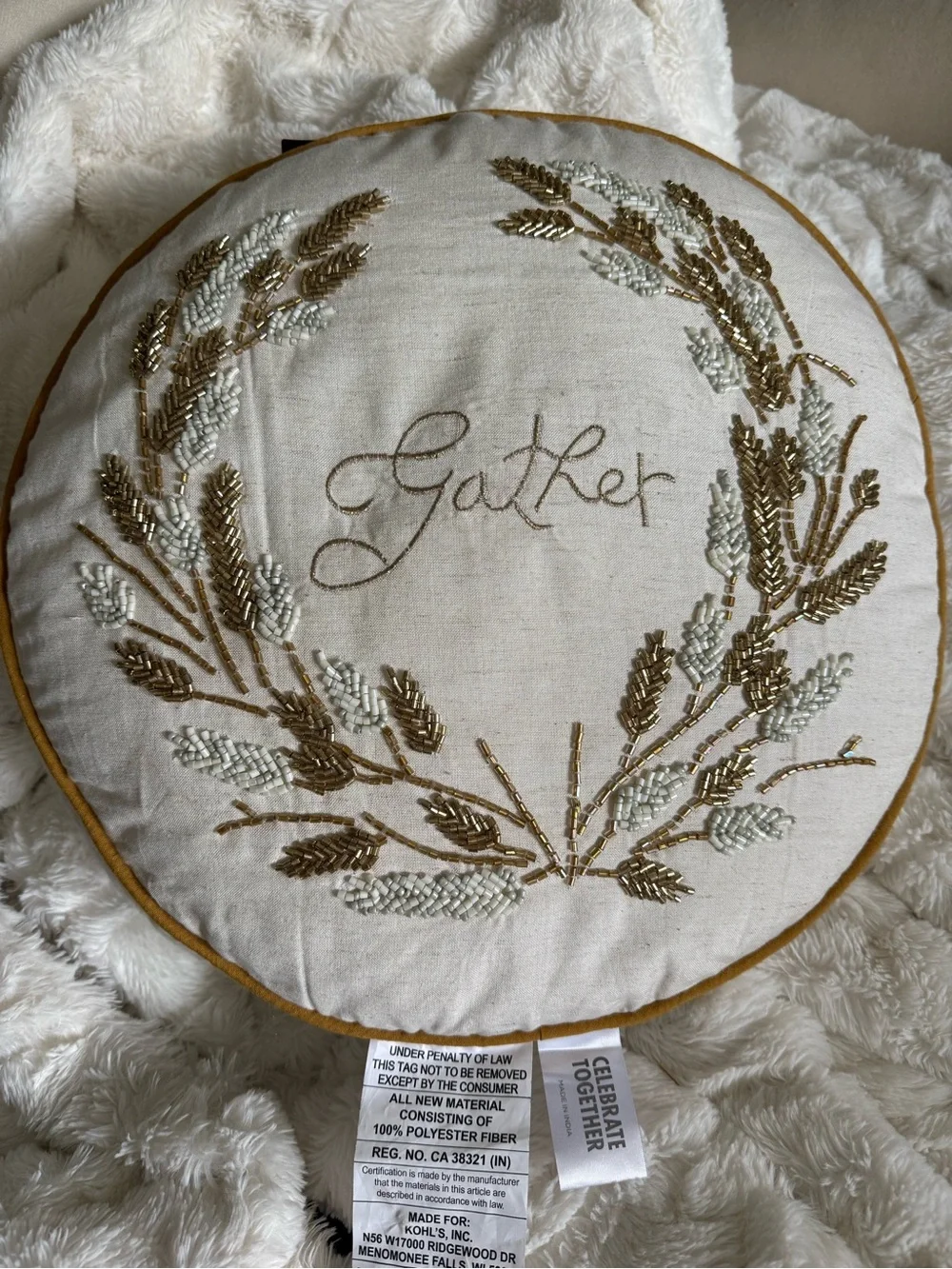 Gather Embroidered Round Throw Pillow, beautiful gold and cream metallic beading